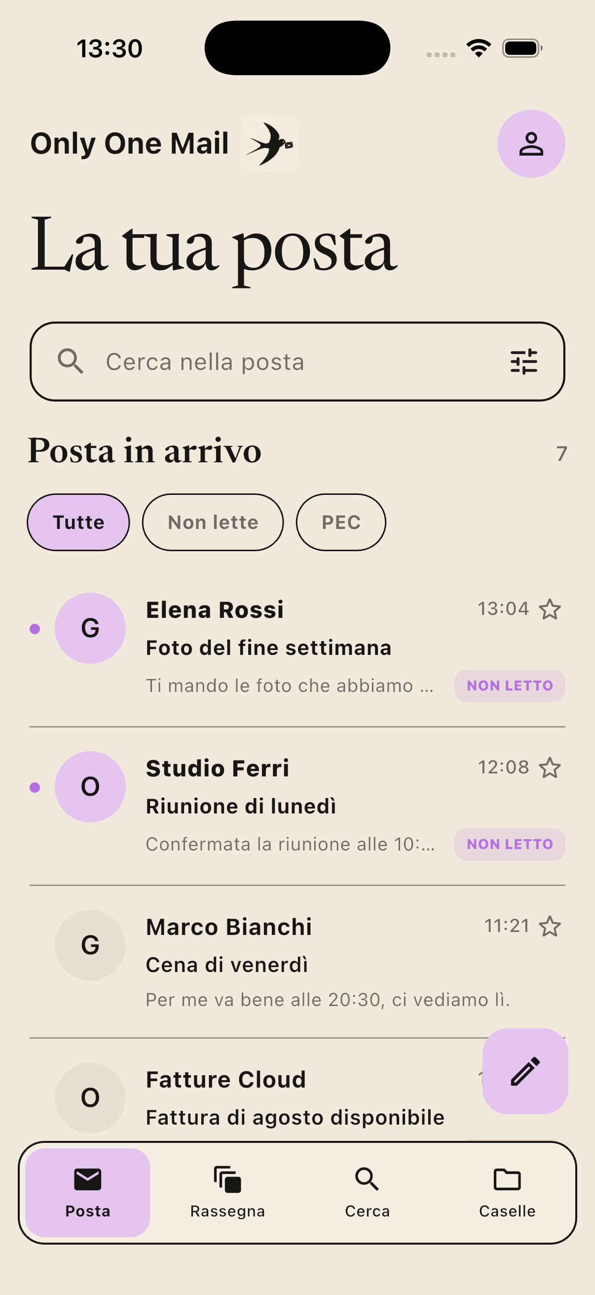 Only One Mail app inbox